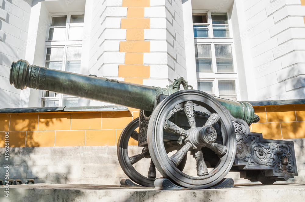 Exhibits of old military trunks of ancient cannons in the Moscow Kremlin. Big bronzem cannon