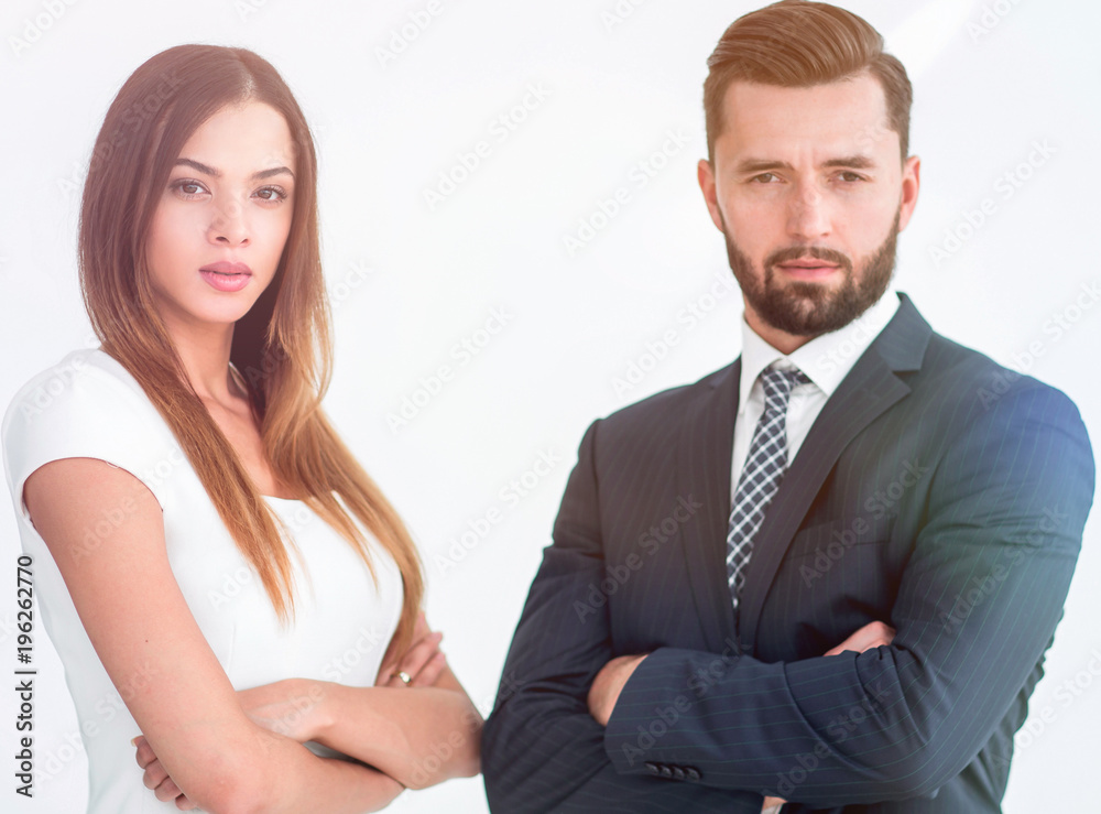 A business man and woman with their hands crossed A business man and woman with their hands crossed