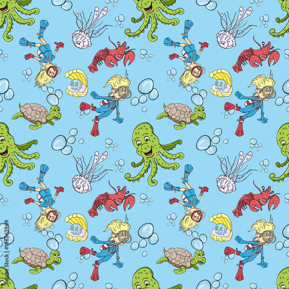 seamless pattern illustration of a boy and girl wearing scuba gear