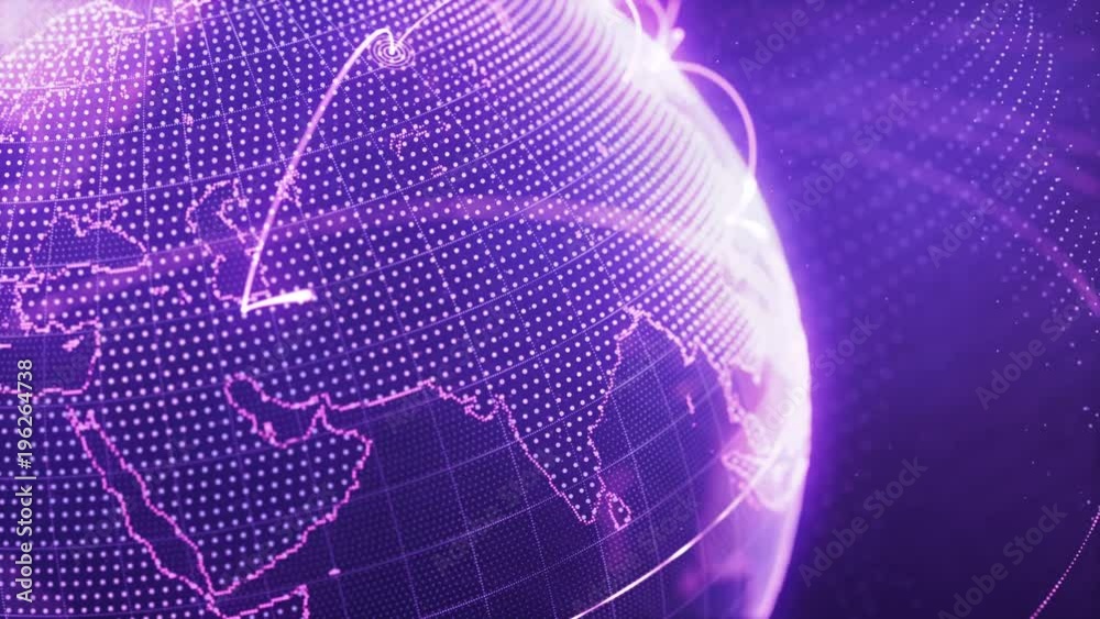 particle world with a growing global network - purple close-up loop.