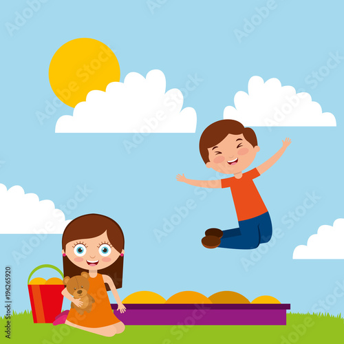 kids playing with sand bear toy in park cartoon vector illustration