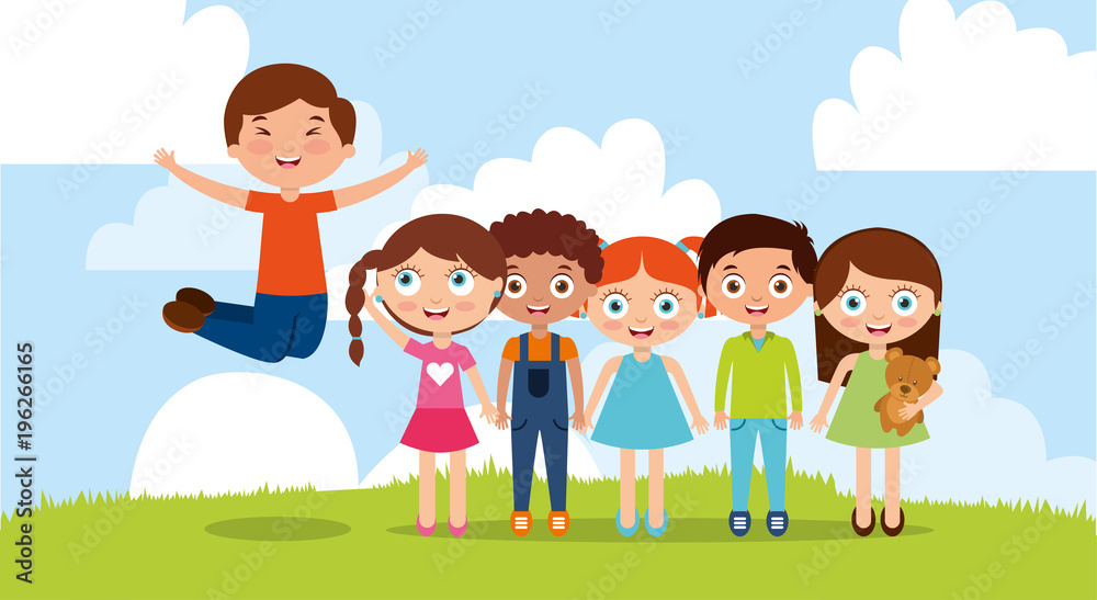 group kids jumping hapyy in field cartoon vector illustration