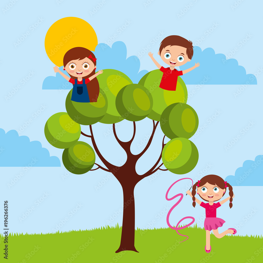 kids playing in natural tree and girl with gymnastic tape cartoon vector illustration
