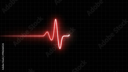 EKG 60 BPM Loop Screen, Red w/ Grid. Heart rate monitor / electrocardiogram (EKG or ECG) loop beeping at 60 beats per minute for screen savers or computer monitor displays, animated at 60fps.