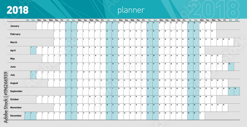 Yearly wall planner for the 2018 year. Sea blue color code