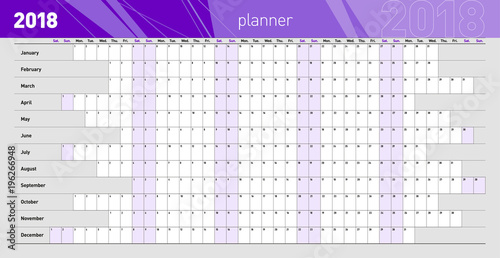 Yearly wall planner for the 2018 year. Violet color code