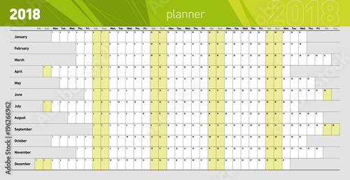 Yearly wall planner for the 2018 year. Yellow Green color code