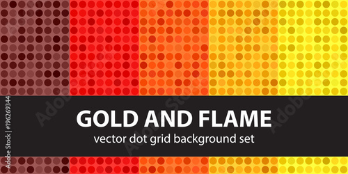 Polka dot pattern set Gold and Flame. Vector seamless geometric dot backgrounds