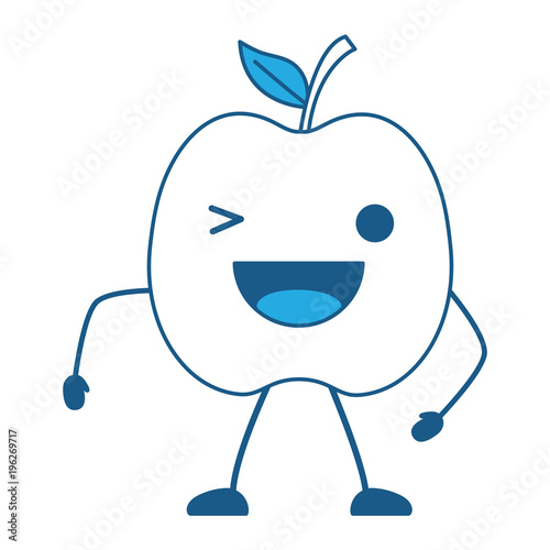 kawaii apple wiking an eye over white background, blue shading design. vector illustration