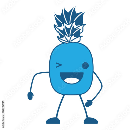 kawaii pineapple wiking an eye over white background, blue shading design. vector illustration