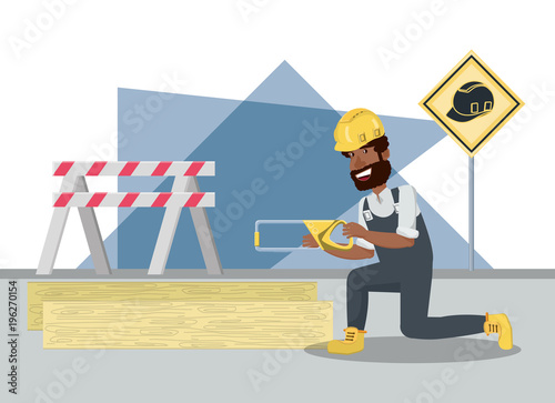 Construction builder with handsaw and wooden board over white background, colorful design vector illustration