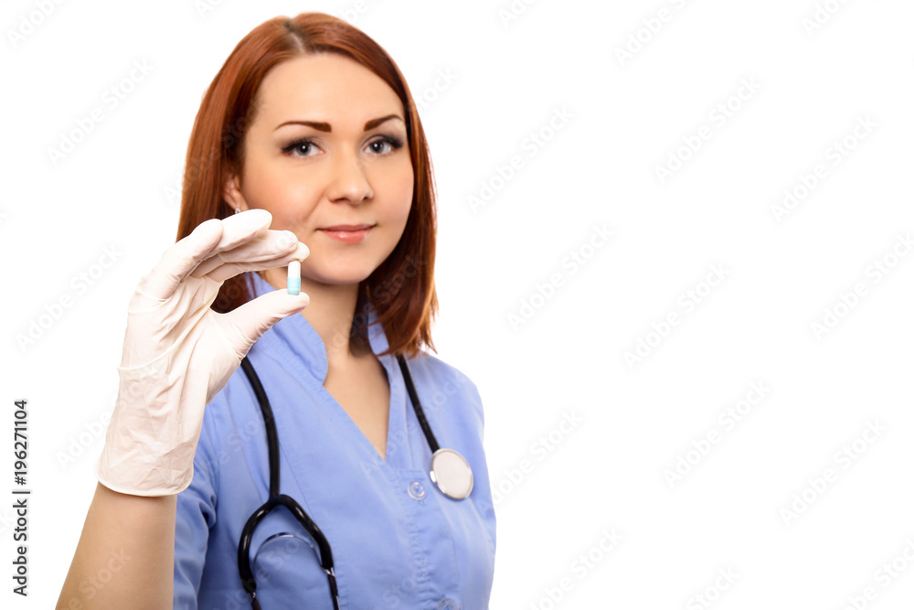 Doctor, nurse with a Medical tablet, pill in hand isolated white background. Doctor, nurse with a Medical tablet, pill in hand isolated white background.