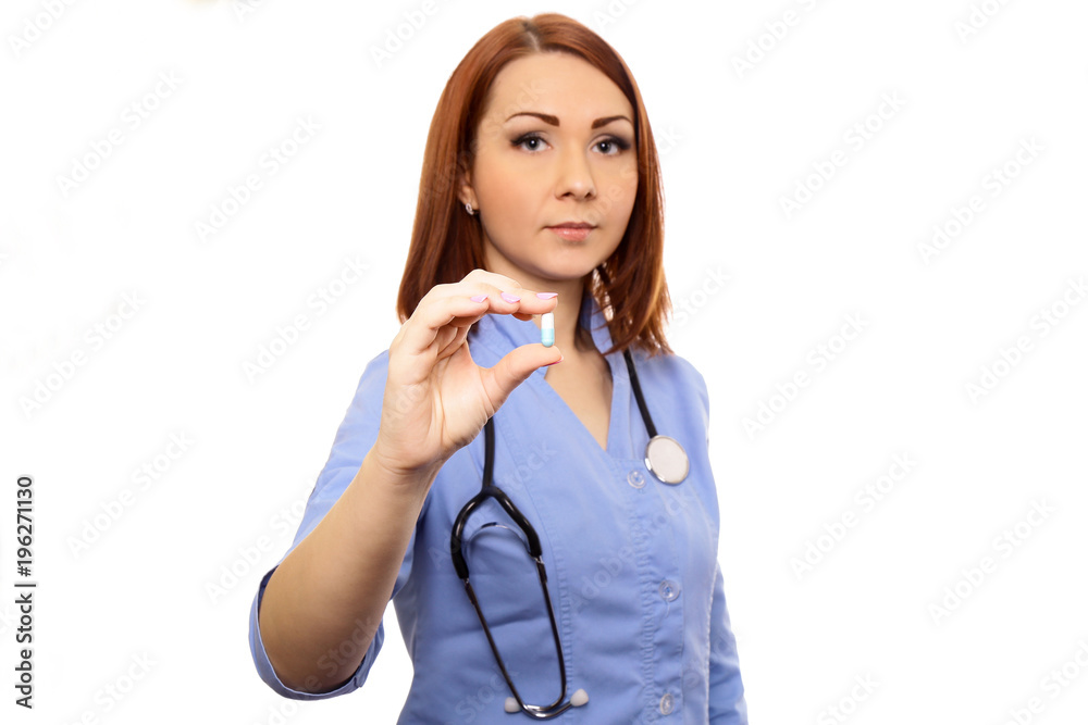 Doctor, nurse with a Medical tablet, pill in hand isolated white background. Doctor, nurse with a Medical tablet, pill in hand isolated white background.