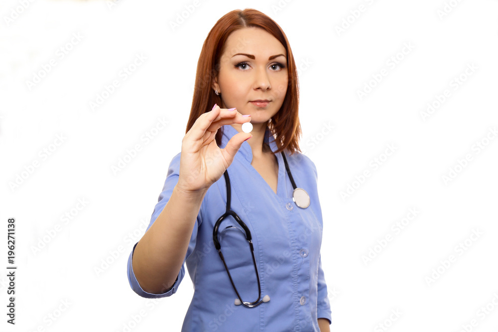 Doctor, nurse with a Medical tablet, pill in hand isolated white background. Doctor, nurse with a Medical tablet, pill in hand isolated white background.