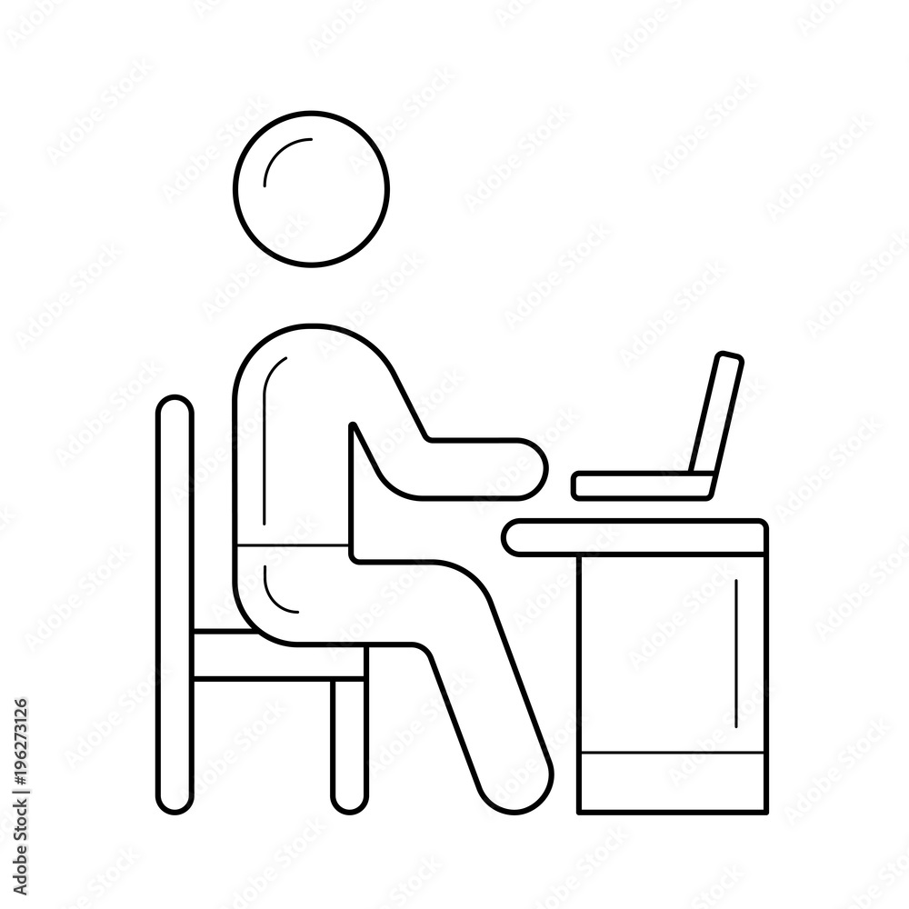 Working person vector line icon isolated on white background. Businessman working on a computer at workplace line icon for infographic, website or app. Working person vector line icon isolated on white background. Businessman working on a computer at workplace line icon for infographic, website or app.