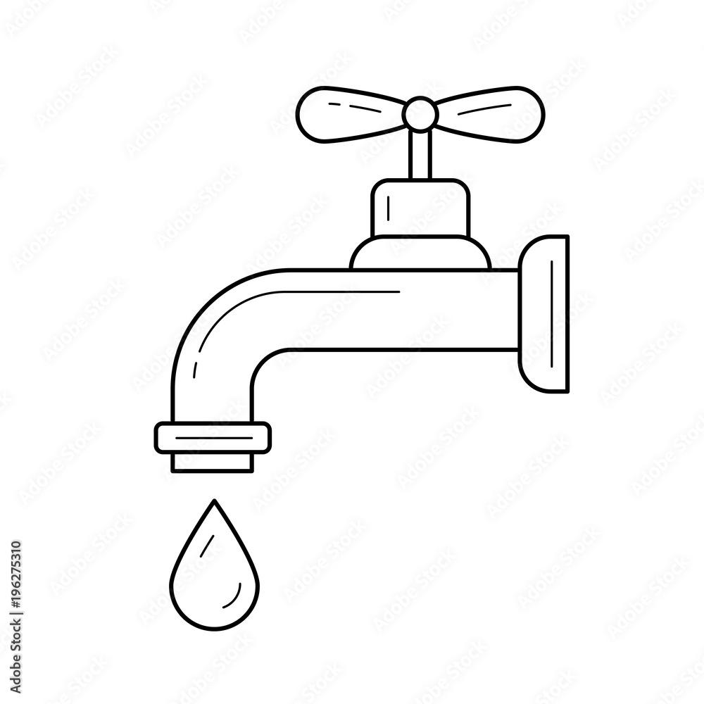 Water pipe with clean drop vector line icon isolated on white background.  Water drop falling from the pipe line icon for infographic, website or app.  Concept of careful attitude to resources. Stock