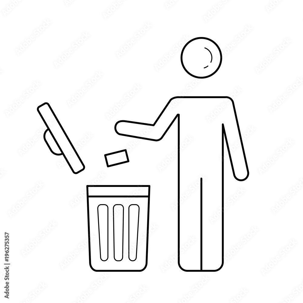 Man throwing garbage into the trash bin vector line icon isolated on white background. Ecology protection concept. Male figure with a trash bin line icon for infographic, website or app. Man throwing garbage into the trash bin vector line icon isolated on white background. Ecology protection concept. Male figure with a trash bin line icon for infographic, website or app.