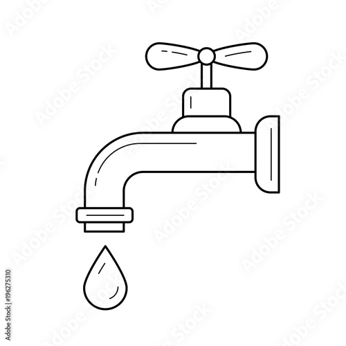 Water pipe with clean drop vector line icon isolated on white background. Water drop falling from the pipe line icon for infographic, website or app. Concept of careful attitude to resources.