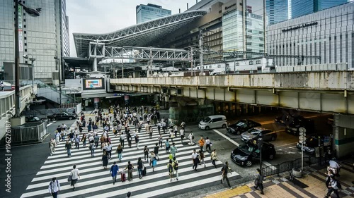 Timelapse of the people and traffic near the Osaka station, Japan