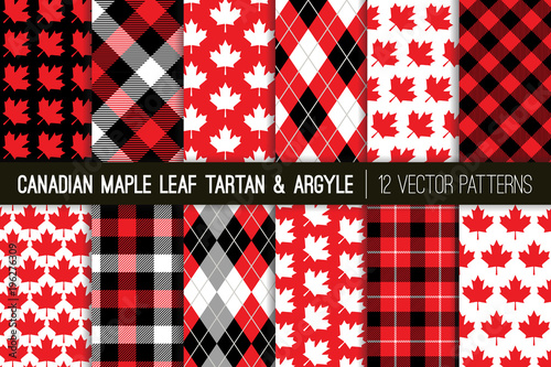 Canadian Vector Patterns in Maple Leaf, Tartan Plaid and Argyle. Canada Day July 1st Party Celebration Backgrounds. Red, Black & White. Northern Lumberjack Plaid Prints. Pattern Tile Swatches Included