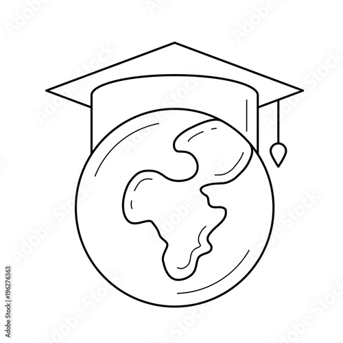 Globe in graduation cap vector line icon isolated on white background