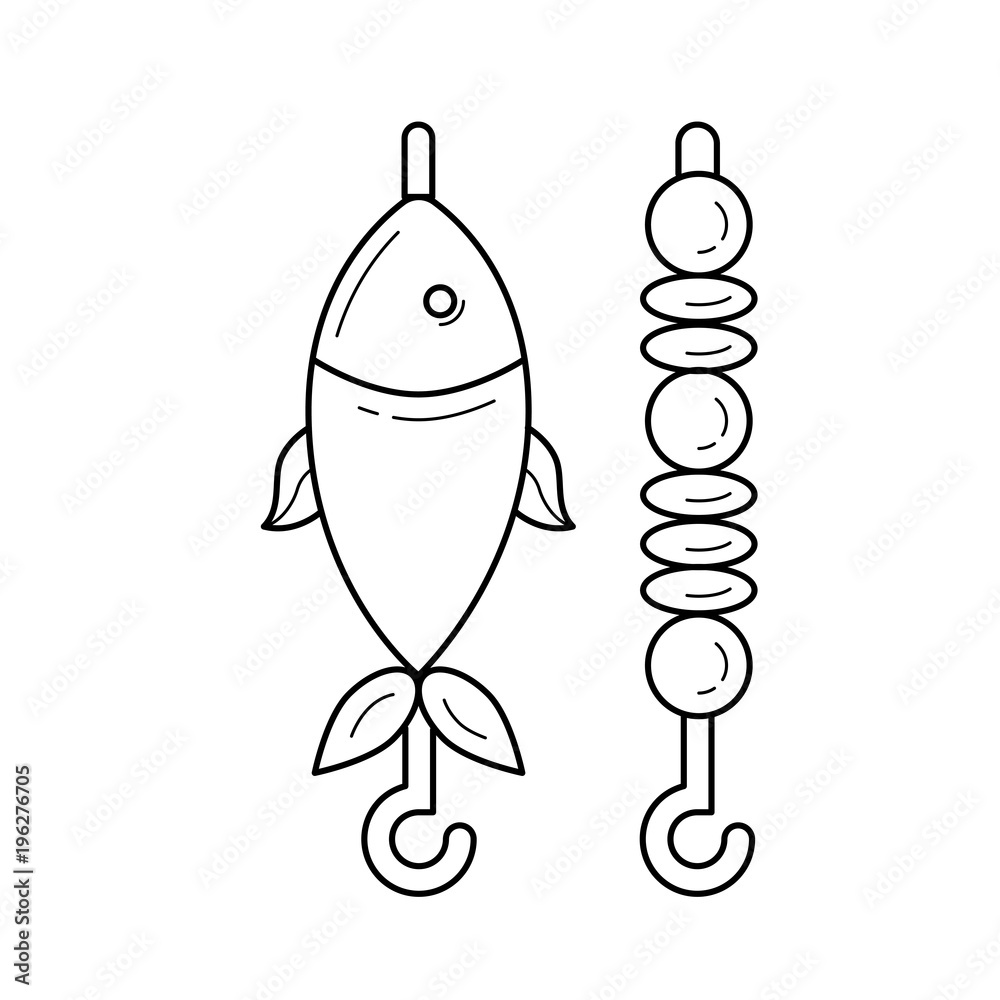 Skewer with shish kebab and grilled fish vector line icon isolated on white background. Shish kebab from meat and fish line icon for infographic, website or app. Icon designed on a grid system. Skewer with shish kebab and grilled fish vector line icon isolated on white background. Shish kebab from meat and fish line icon for infographic, website or app. Icon designed on a grid system.