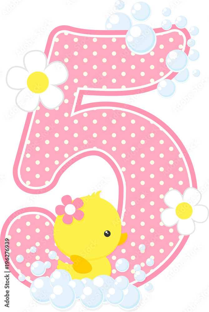number 5 with bubbles and cute rubber duck isolated on white. can be used for baby girl birth announcements, nursery decoration, party theme or birthday invitation. Design for baby girl