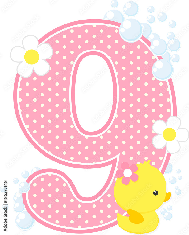 number 9 with bubbles and cute rubber duck isolated on white. can ...
