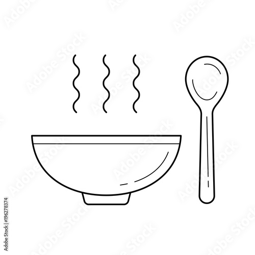 Bowl of soup with spoon vector line icon isolated on white background. Hot soup in bowl line icon for infographic, website or app.