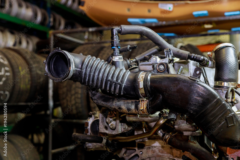 Fototapeta premium Car engine, concept of modern vehicle motor with metal, chrome,