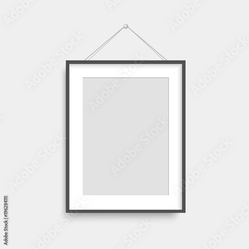 Realistic black photo frame hanging. Vector.