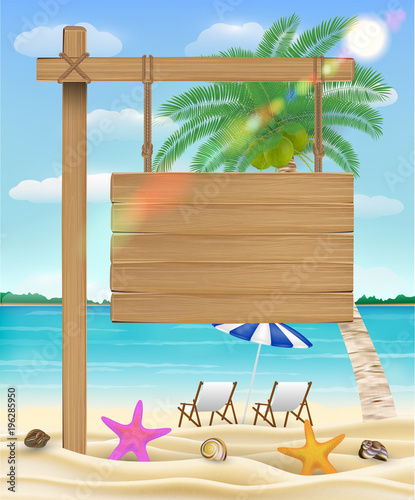 hang wood board sign on sea beach with relax chair