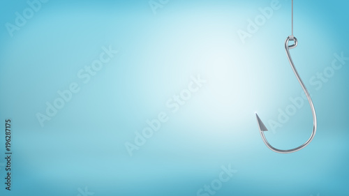 Фотография 3d rendering of a single large silver hook hangs from a string without any catch on a blue background