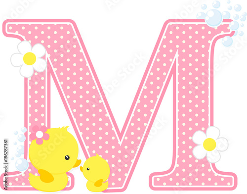 initial m with flowers and cute baby duck and mom isolated on white. can be used for baby girl birth announcements, nursery decoration, mother's day card,party theme or birthday invitation. 