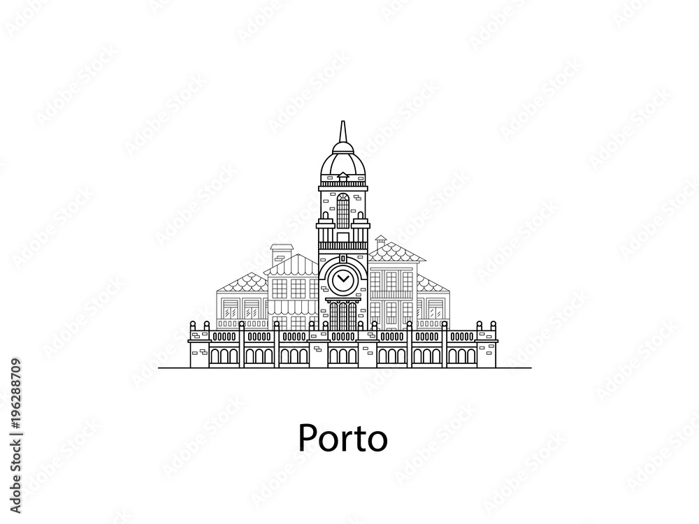 The city of Porto. European houses. Different sizes and constructions. Old houses of Europe Flat vector in lines