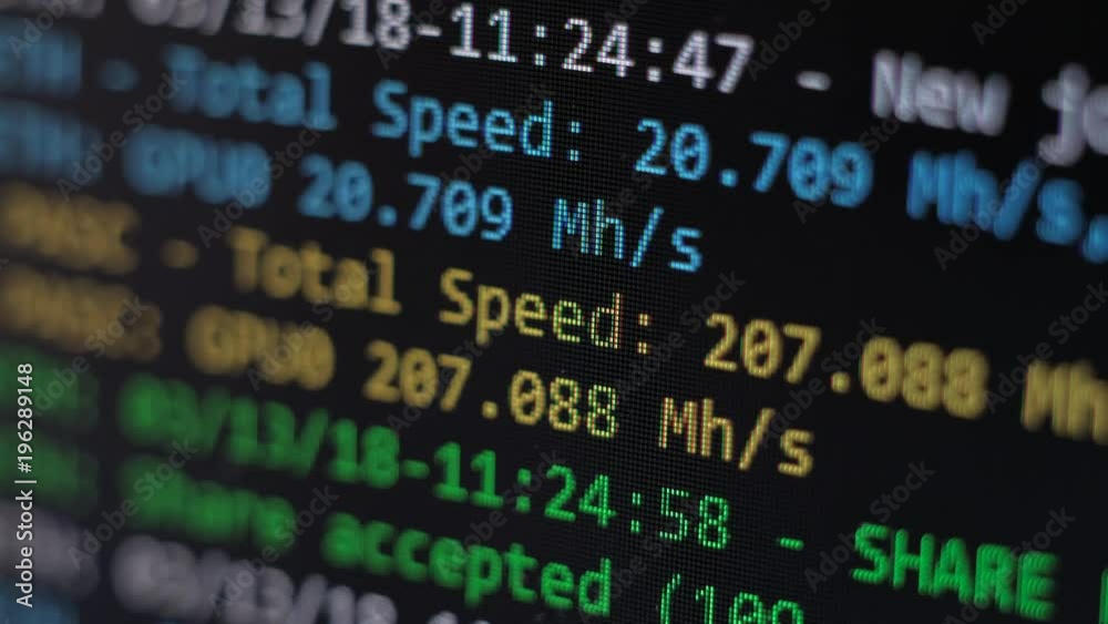 Mining process of ethereum on screen of a pc, close-up computational mining processes on the monitor