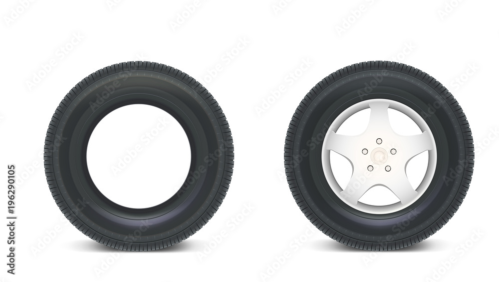 Fototapeta premium Icons of Car parts for garage, auto services. Set of automobile tires isolated on a white background, various parts. Car wheels with disks. 3D illustration