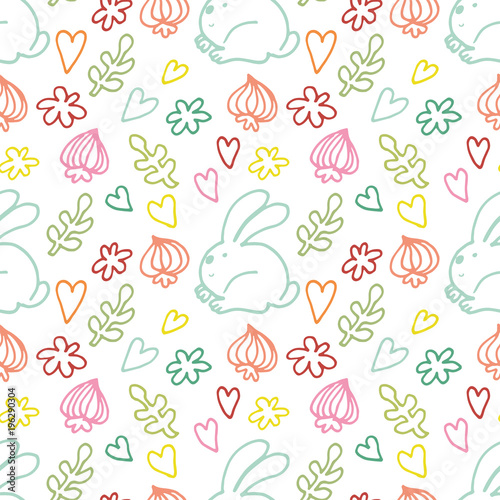 Vector doodle Easter seamless pattern. Colorful illustration of rabbits, succulent leaves, hearts and other holiday design elements for textile print, wrapping, backgrounds. Colorful Easter background