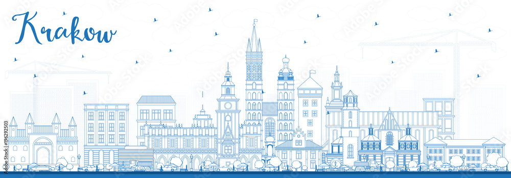Naklejka premium Outline Krakow Poland City Skyline with Blue Buildings.