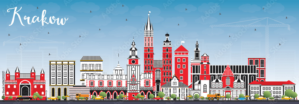 Naklejka premium Krakow Poland City Skyline with Color Buildings and Blue Sky.