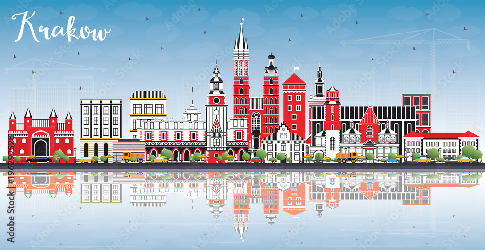 Krakow Poland City Skyline with Color Buildings, Blue Sky and Reflections.
