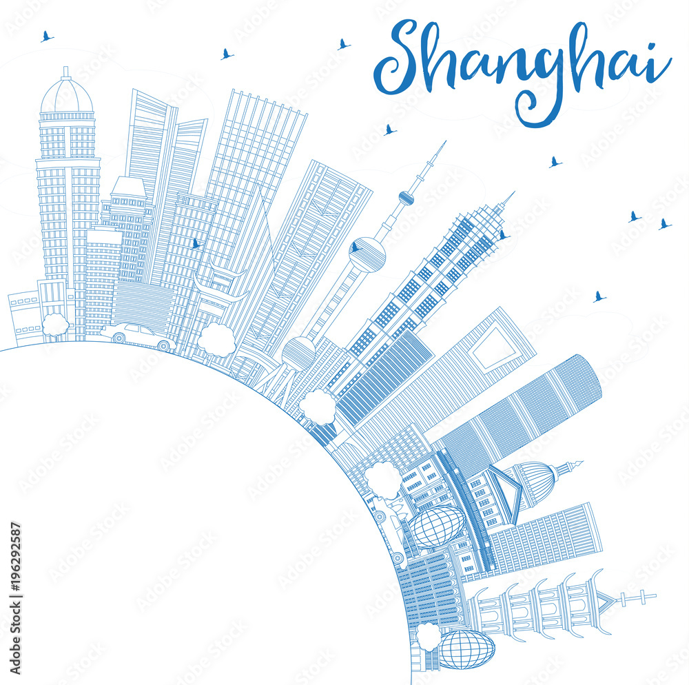 Outline Shanghai China City Skyline with Blue Buildings and Copy Space.