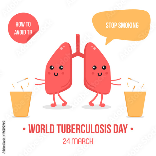 Vector illustration for world tuberculosis day with lungs characters, throwing away cigarretes and asking to stop smoking. photo