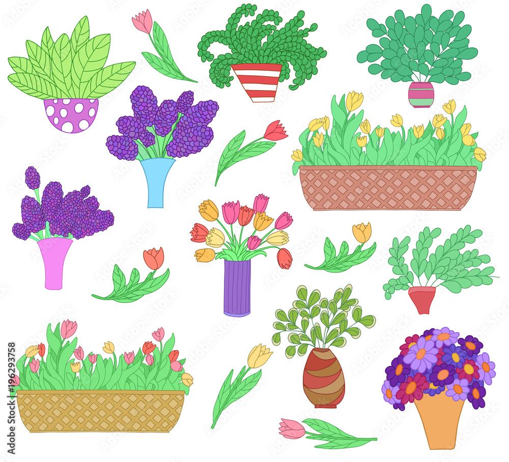Set of cute cartoon plants in pots and vases: tulip, lilac, chamomile and other. Set of cute cartoon plants in pots and vases: tulip, lilac, chamomile and other.