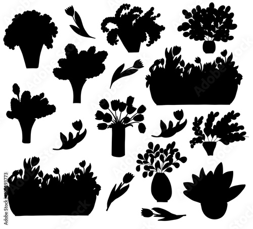 Set of silhouettes of cartoon plants in pots and vases: tulip, lilac, chamomile and other.