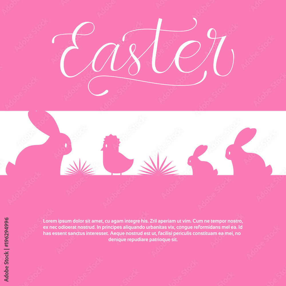 Happy Easter Card With Bunnies And Chicken Hand Drawn Calligraphy Element Background Vector Illustration