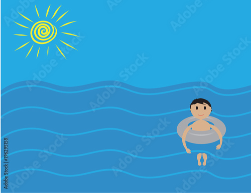 Summer background. Young boy floating in the sea