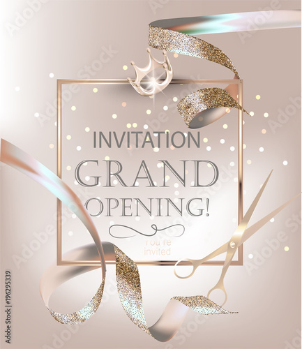 Grand opening banner with beige curly sparkling ribbons. Vector illustration