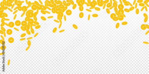 British pound coins falling. Scattered small GBP coins on transparent background. Bizarre falling rain vector illustration. Jackpot or success concept.