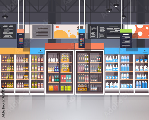 Supermarket Interior Retail Store With Assortment Of Grocery Food On Shelves Flat Vector Illustration © mast3r
